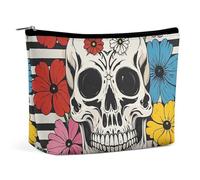 FHESDCW Skeleton And Flower Black And White Makeup Bag for Women PU Leather Waterproof Cosmetic Bag with Zipper Portable Travel Makeup Organizer