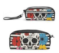 FHESDCW Skeleton And Flower Black And White Pencil Case Large Capacity with Zipper, Hanging Water Proof Cosmetic Bag for Travel, Vintage Leather Pencil Pouch for Women Men