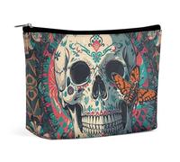FHESDCW Skeleton Death Moth Makeup Bag for Women PU Leather Waterproof Cosmetic Bag with Zipper Portable Travel Makeup Organizer