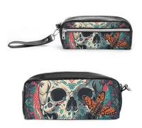 FHESDCW Skeleton Death Moth Pencil Case Large Capacity with Zipper, Hanging Water Proof Cosmetic Bag for Travel, Vintage Leather Pencil Pouch for Women Men