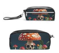 FHESDCW Skeleton Mystery Mushroom Pencil Case Large Capacity with Zipper, Hanging Water Proof Cosmetic Bag for Travel, Vintage Leather Pencil Pouch for Women Men