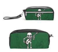 FHESDCW Skeleton Playing Guitar Pencil Case Large Capacity with Zipper, Hanging Water Proof Cosmetic Bag for Travel, Vintage Leather Pencil Pouch for Women Men