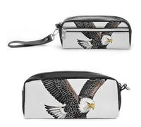 FHESDCW Sketch of Bald Eagle Diving Pencil Case Large Capacity with Zipper, Hanging Water Proof Cosmetic Bag for Travel, Vintage Leather Pencil Pouch for Women Men
