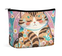 FHESDCW Sleeping Cat Makeup Bag for Women PU Leather Waterproof Cosmetic Bag with Zipper Portable Travel Makeup Organizer