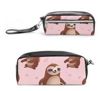 FHESDCW Sloth-pink Pencil Case Large Capacity with Zipper, Hanging Water Proof Cosmetic Bag for Travel, Vintage Leather Pencil Pouch for Women Men