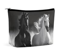 FHESDCW Small Makeup Bag for Purse, Waterproof PU Leather Black And White Horses Running Cosmetic Bag Portable Toiletry Organizer Mini Makeup Pouch Versatile Zipper Pouch for Women, Travel, Gifts
