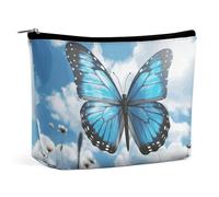 FHESDCW Small Makeup Bag for Purse, Waterproof PU Leather Blue Butterfly And Clouds Cosmetic Bag Portable Toiletry Organizer Mini Makeup Pouch Versatile Zipper Pouch for Women, Travel, Gifts