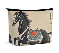 FHESDCW Small Makeup Bag for Purse, Waterproof PU Leather Chinese Traditional Painting Horse Cosmetic Bag Portable Toiletry Organizer Mini Makeup Pouch Versatile Zipper Pouch for Women, Travel, Gifts