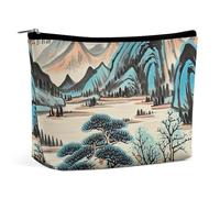 FHESDCW Small Makeup Bag for Purse, Waterproof PU Leather Ink Painting Mountain Tree Cosmetic Bag Portable Toiletry Organizer Mini Makeup Pouch Versatile Zipper Pouch for Women, Travel, Gifts