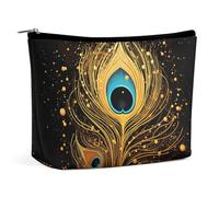 FHESDCW Small Makeup Bag for Purse, Waterproof PU Leather Peacock Feather Gold Design Cosmetic Bag Portable Toiletry Organizer Mini Makeup Pouch Versatile Zipper Pouch for Women, Travel, Gifts