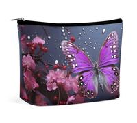 FHESDCW Small Makeup Bag for Purse, Waterproof PU Leather Purple Plum Butterfly Cosmetic Bag Portable Toiletry Organizer Mini Makeup Pouch Versatile Zipper Pouch for Women, Travel, Gifts