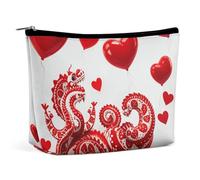 FHESDCW Small Makeup Bag for Purse, Waterproof PU Leather Red Love Little Dragon Cosmetic Bag Portable Toiletry Organizer Mini Makeup Pouch Versatile Zipper Pouch for Women, Travel, Gifts