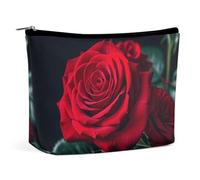 FHESDCW Small Makeup Bag for Purse, Waterproof PU Leather Red Rose Black Background Cosmetic Bag Portable Toiletry Organizer Mini Makeup Pouch Versatile Zipper Pouch for Women, Travel, Gifts