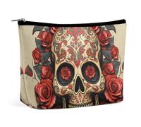 FHESDCW Small Makeup Bag for Purse, Waterproof PU Leather Red Rose Sugar Skull Cosmetic Bag Portable Toiletry Organizer Mini Makeup Pouch Versatile Zipper Pouch for Women, Travel, Gifts