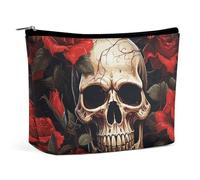 FHESDCW Small Makeup Bag for Purse, Waterproof PU Leather Skull Rose-Red Cosmetic Bag Portable Toiletry Organizer Mini Makeup Pouch Versatile Zipper Pouch for Women, Travel, Gifts