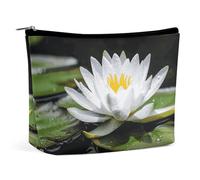 FHESDCW Small Makeup Bag for Purse, Waterproof PU Leather White Water Lily Cosmetic Bag Portable Toiletry Organizer Mini Makeup Pouch Versatile Zipper Pouch for Women, Travel, Gifts