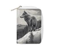 FHESDCW Snow Mountain Lone Wolf Card Holder for Men Women, Leather Credit Card Holder with 20 Card Slots Small Purse with Zipper