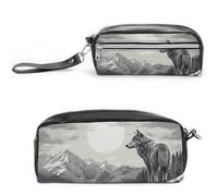 FHESDCW Snow Mountain Lone Wolf Pencil Case Large Capacity with Zipper, Hanging Water Proof Cosmetic Bag for Travel, Vintage Leather Pencil Pouch for Women Men