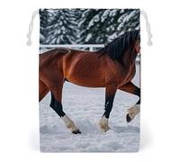 FHESDCW Sports Horses in The Snow Winter Drawstring Bag Canvas, Reusable Travel Jewelry Pouches, Washable Storage Bags for Gift, Candy, Cosmetics 12 * 18cm