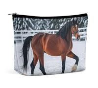 FHESDCW Sports Horses in The Snow Winter Makeup Bag for Women PU Leather Waterproof Cosmetic Bag with Zipper Portable Travel Makeup Organizer