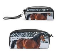 FHESDCW Sports Horses in The Snow Winter Pencil Case Large Capacity with Zipper, Hanging Water Proof Cosmetic Bag for Travel, Vintage Leather Pencil Pouch for Women Men