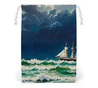 FHESDCW Stormy Waves Vintage Sailboat Drawstring Bag Canvas, Reusable Travel Jewelry Pouches, Washable Storage Bags for Gift, Candy, Cosmetics 20 * 25cm