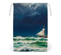 FHESDCW Stormy Waves Vintage Sailboat Drawstring Bag Canvas, Reusable Travel Jewelry Pouches, Washable Storage Bags for Gift, Candy, Cosmetics 12 * 18cm