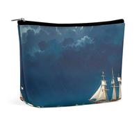FHESDCW Stormy Waves Vintage Sailboat Makeup Bag for Women PU Leather Waterproof Cosmetic Bag with Zipper Portable Travel Makeup Organizer