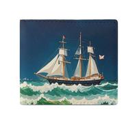 FHESDCW Stormy Waves Vintage Sailboat Wallet Elegant Leather Wallets with ID Window & 2 Card Slots, Slim Bifold Wallet for Men Women