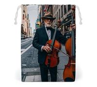FHESDCW Street Singer And Double Bass Player Drawstring Bag Canvas, Reusable Travel Jewelry Pouches, Washable Storage Bags for Gift, Candy, Cosmetics 20 * 25cm
