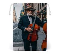 FHESDCW Street Singer And Double Bass Player Drawstring Bag Canvas, Reusable Travel Jewelry Pouches, Washable Storage Bags for Gift, Candy, Cosmetics 12 * 18cm
