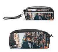FHESDCW Street Singer And Double Bass Player Pencil Case Large Capacity with Zipper, Hanging Water Proof Cosmetic Bag for Travel, Vintage Leather Pencil Pouch for Women Men