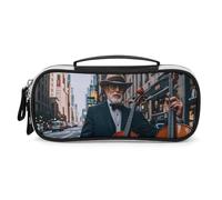 FHESDCW Street Singer And Double Bass Player Pencil Case with Zipper - Large Capacity, Portable Small Cosmetic Bag for Travel, Vintage PU Leather Pencil Pouch for Women Men