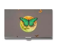 FHESDCW Sun And Moon Green Moth Business Card Holder for Men & Women, Professional Card Case with Buckle Style Shut, Compact And Portable Metal Case for Office Workers, style, One Size, Classic