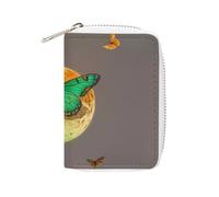 FHESDCW Sun And Moon Green Moth Card Holder for Men Women, Leather Credit Card Holder with 20 Card Slots Small Purse with Zipper