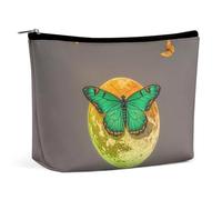 FHESDCW Sun And Moon Green Moth Makeup Bag for Women PU Leather Waterproof Cosmetic Bag with Zipper Portable Travel Makeup Organizer