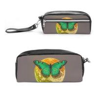 FHESDCW Sun And Moon Green Moth Pencil Case Large Capacity with Zipper, Hanging Water Proof Cosmetic Bag for Travel, Vintage Leather Pencil Pouch for Women Men