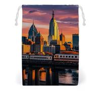FHESDCW Sunset Bridge Skyscraper Drawstring Bag Canvas, Reusable Travel Jewelry Pouches, Washable Storage Bags for Gift, Candy, Cosmetics 12 * 18cm