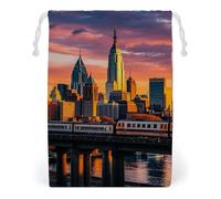 FHESDCW Sunset Bridge Skyscraper Drawstring Bag Canvas, Reusable Travel Jewelry Pouches, Washable Storage Bags for Gift, Candy, Cosmetics 20 * 25cm