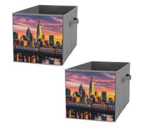 FHESDCW Sunset Bridge Skyscraper Foldable Storage Box with Handles, Durable Oxford Storage Cubes, 2PCS Collapsible Closet Organizer for Home, Shelf, Office, Travel