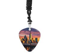 FHESDCW Sunset Bridge Skyscraper Guitar Pick Necklace, Titanium Steel Guitar Pick with 23Inch Black Cord, Unique Music Jewelry Gift for Men Women