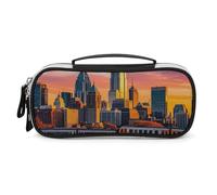 FHESDCW Sunset Bridge Skyscraper Pencil Case with Zipper - Large Capacity, Portable Small Cosmetic Bag for Travel, Vintage PU Leather Pencil Pouch for Women Men
