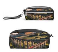 FHESDCW Sunset over Elevated Bridge Pencil Case Large Capacity with Zipper, Hanging Water Proof Cosmetic Bag for Travel, Vintage Leather Pencil Pouch for Women Men