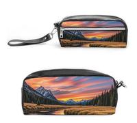 FHESDCW Sunset Reflection Pencil Case Large Capacity with Zipper, Hanging Water Proof Cosmetic Bag for Travel, Vintage Leather Pencil Pouch for Women Men