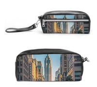 FHESDCW Tall Buildings in The City Pencil Case Large Capacity with Zipper, Hanging Water Proof Cosmetic Bag for Travel, Vintage Leather Pencil Pouch for Women Men