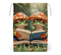 FHESDCW The Frog Family Is Reading Drawstring Bag Canvas, Reusable Travel Jewelry Pouches, Washable Storage Bags for Gift, Candy, Cosmetics 12 * 18cm