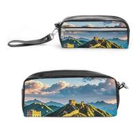 FHESDCW The Great Wall of China Pencil Case Large Capacity with Zipper, Hanging Water Proof Cosmetic Bag for Travel, Vintage Leather Pencil Pouch for Women Men