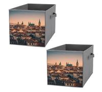 FHESDCW The Old Town at Sunset Foldable Storage Box with Handles, Durable Oxford Storage Cubes, 2PCS Collapsible Closet Organizer for Home, Shelf, Office, Travel