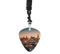 FHESDCW The Old Town at Sunset Guitar Pick Necklace, Titanium Steel Guitar Pick with 23Inch Black Cord, Unique Music Jewelry Gift for Men Women