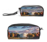 FHESDCW The White House on The Lake Pencil Case Large Capacity with Zipper, Hanging Water Proof Cosmetic Bag for Travel, Vintage Leather Pencil Pouch for Women Men